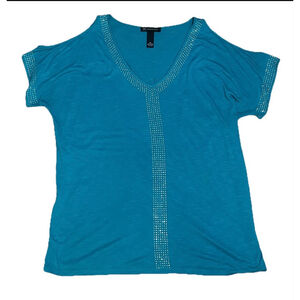Women's INC Blue Embellished V-Neck Dolman Sleeve Top XL